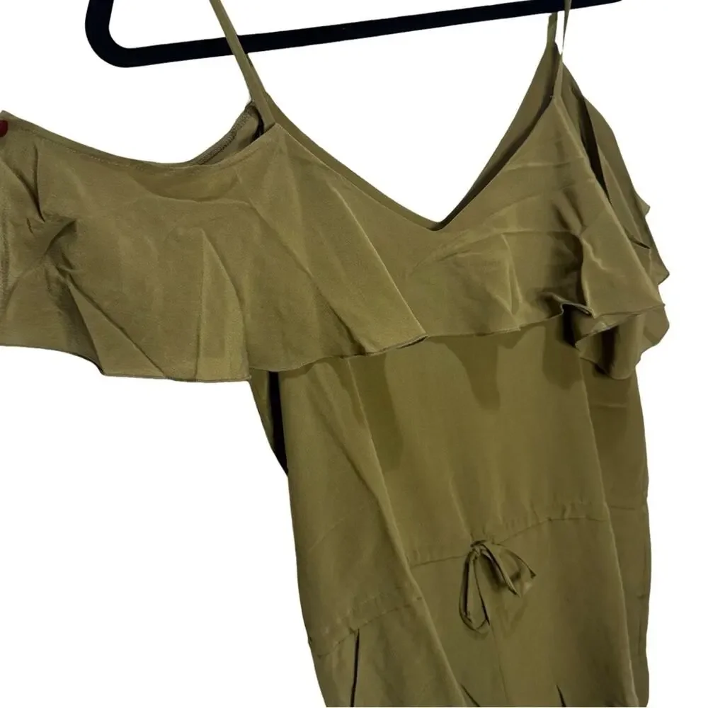 NWT Chaser Off Shoulder Silk Ruffle Romper - Olive Green Size M